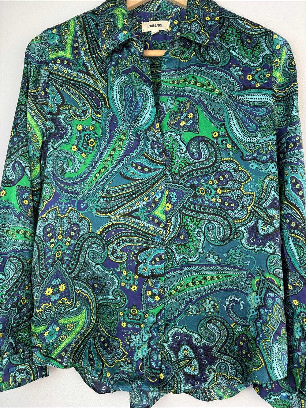 L’Agence Tyler Silk Blouse Deep Lagoon Paisley Bandana Button Up Long Sleeve XST - Picture 4 of 16